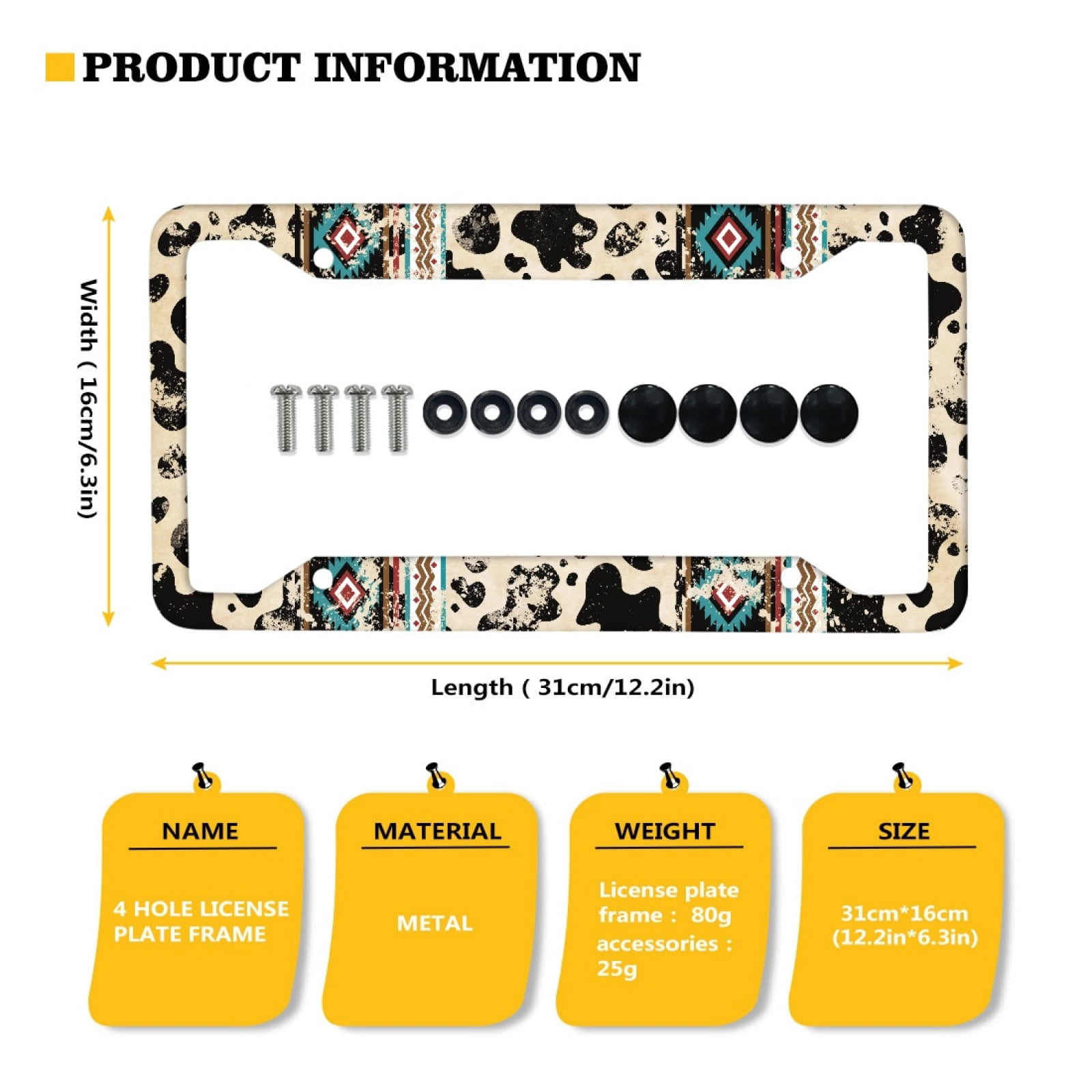 Renewold American Tribal Cow Print Retro Car License Plate Frame for Women Men, Novelty Vanity Tag for Car SUV Truck Vans Decorative Accessories with Screws, 2 Pack