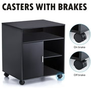 FITUEYES Printer Stand with Storage Adjustable Shelves, Wood Mobile Cart with Door, Rolling File Cabinet on Wheels for Home Office, Black