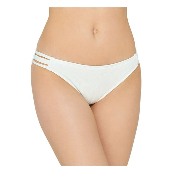 HULA HONEY Women's White Stretch Lined Textured Bikini Moderate Coverage Strappy Hipster Swimsuit Bottom L