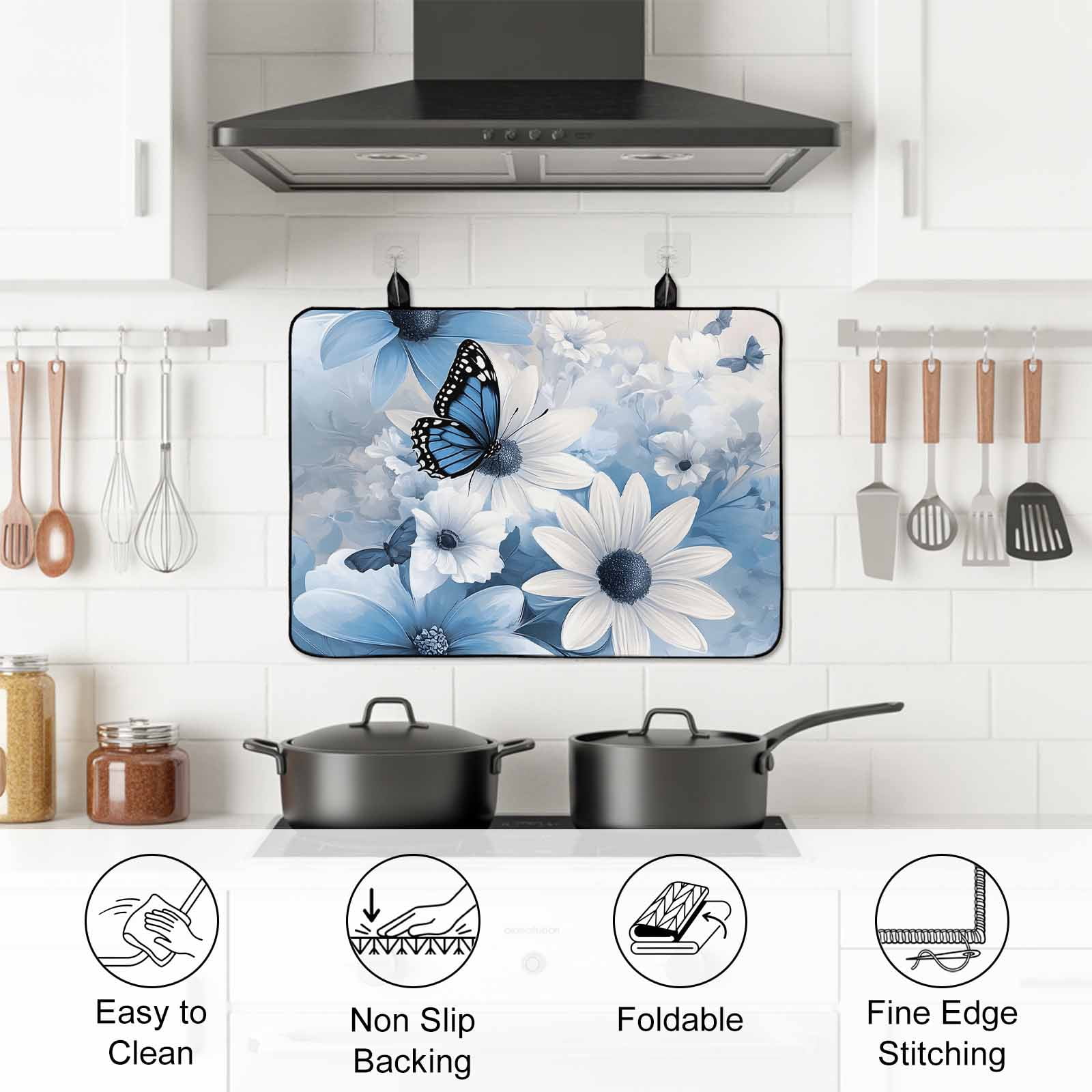 Blue White Floral Stove Top Cover for Electric Stove, Heat-proof & Non Slip Glass Top Stove Cover Protector, Elegant Rustic Butterfly Botanical Kitchen Flat Cooktop Rubber Mat 24x21 Inches