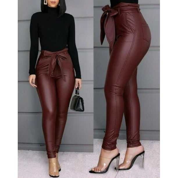 Women's Leggings PU Leather Pants Stretchy Skinny Pencil Trousers High  Waisted Slim Fit Trousers Pants 