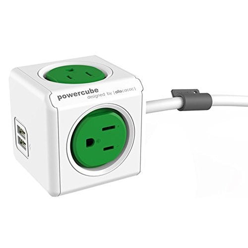 Allocacoc PowerCube Extended USB, Surge Protector, Green, 4 sockets, Dual- USB charging, No blockage on plugs, Compact design, 5ft cable