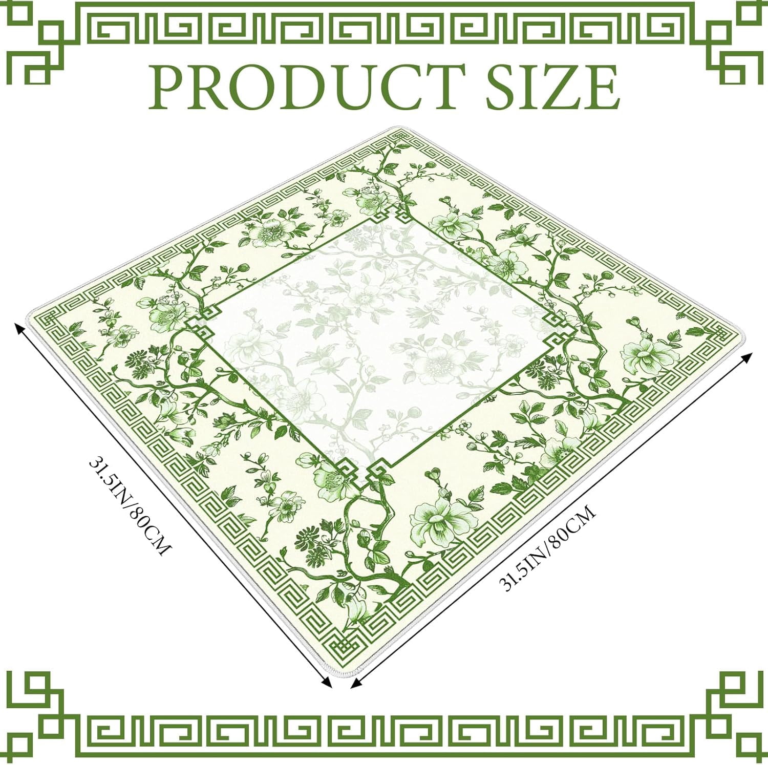 Chinoiserie Mahjong Mat with 1 Carrying Bag 31.5" x 31.5" Green and White Rubber Anti Slip and Noise Reduction Multi Purpose Game Table Cover for Mahjong, Card, Board Tile Games