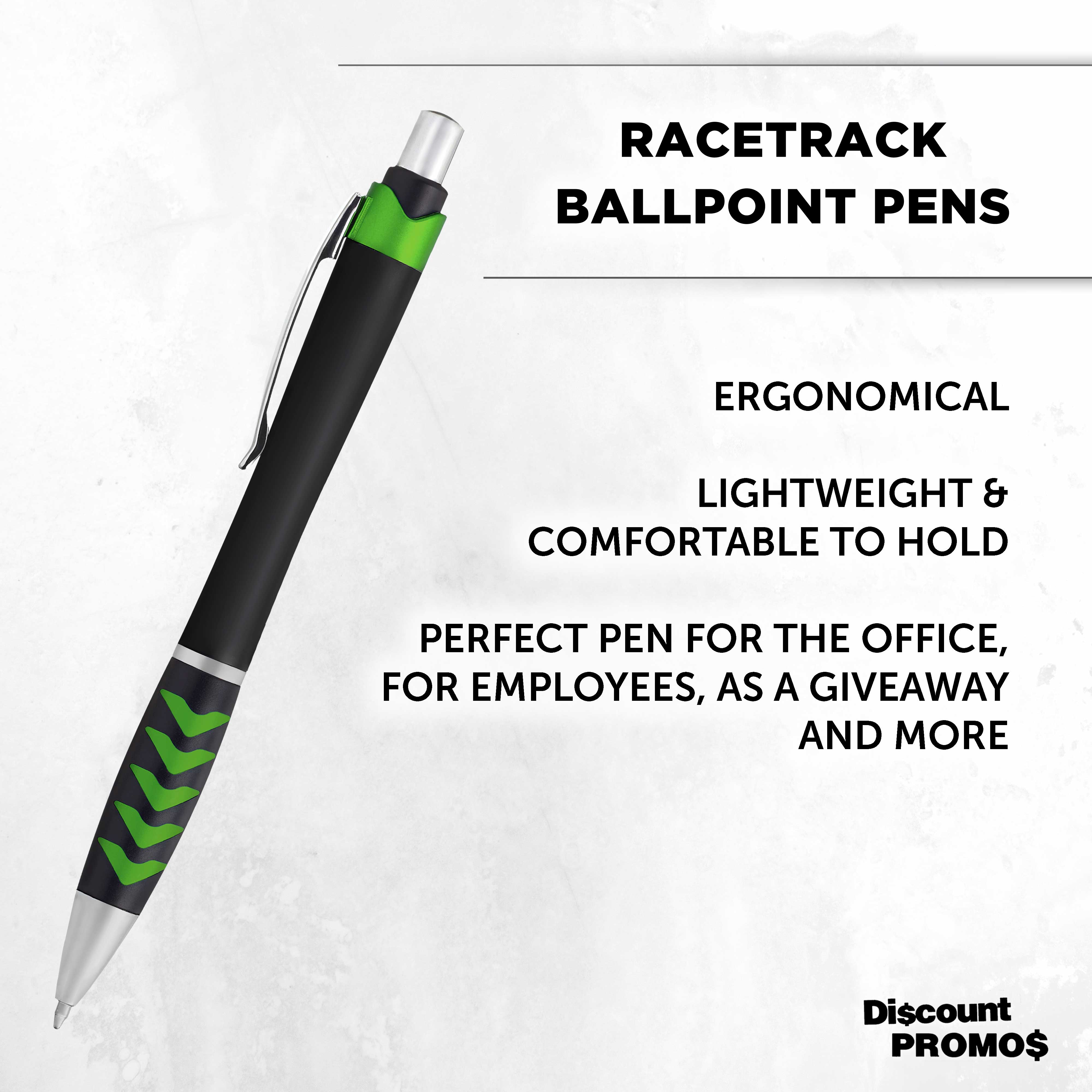 10 Racetrack Ballpoint Pens Pack - Black barrel, Colored Grip - Green