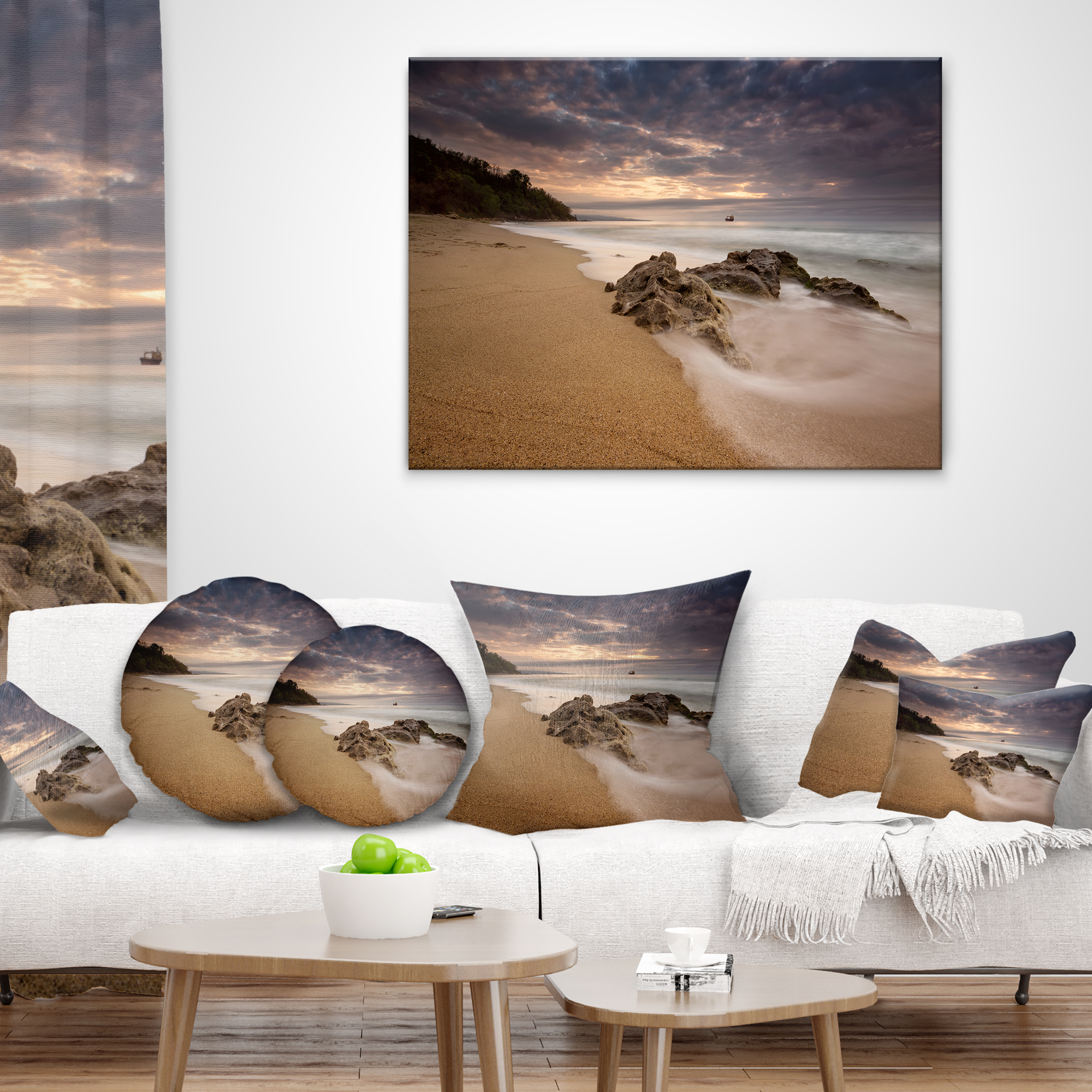 Designart Peaceful Seashore with White Waves - Beach Photo Throw Pillow - 12x20