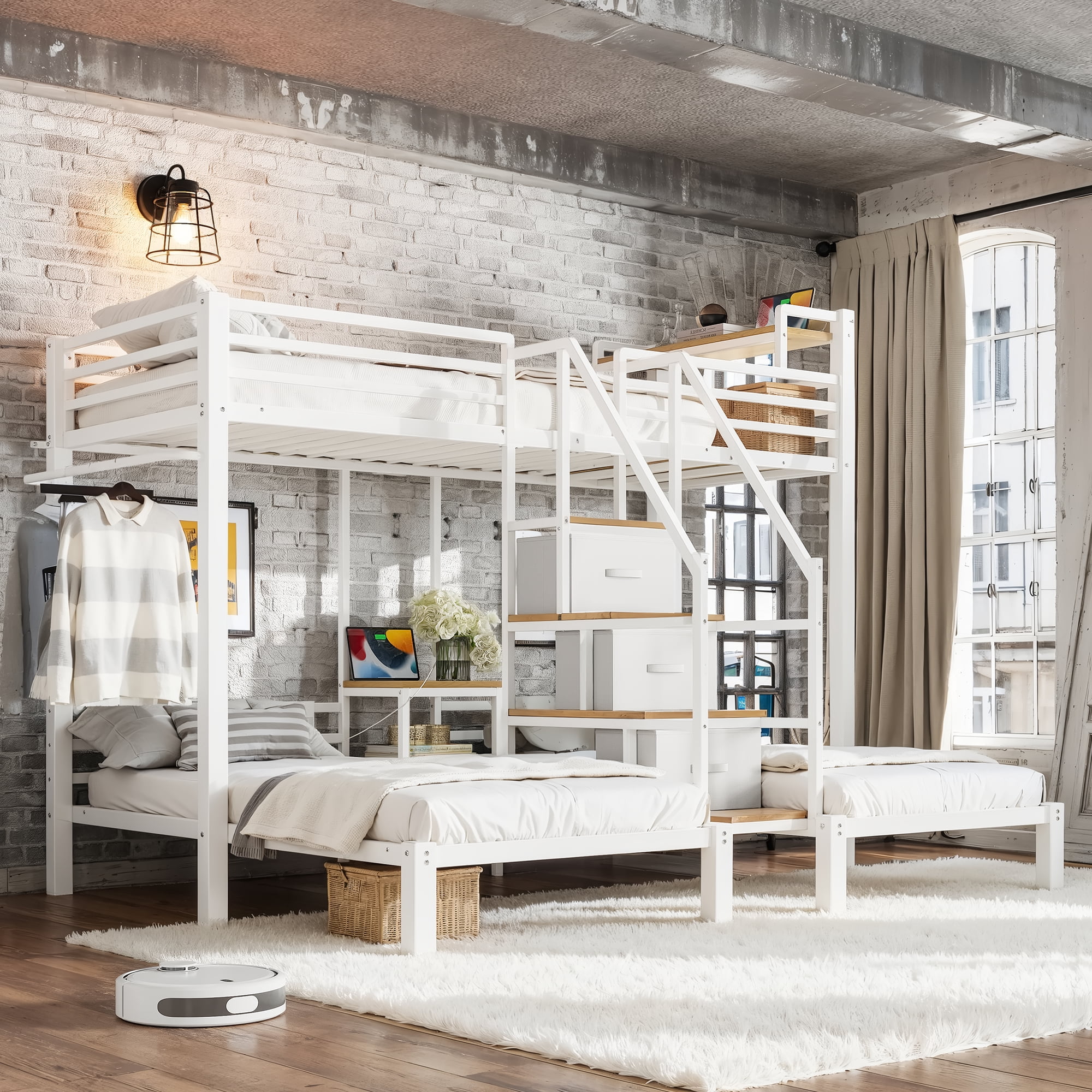 HOQBN Triple Bunk Bed Twin over Twin,Heavy Duty Metal Bed Frame with Storage Stair Drawers,No Box Spring Needed,White