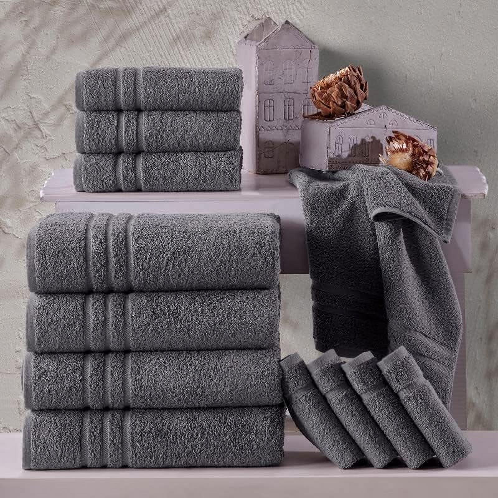 SEMAXE Grey Bath Towels Set , 2 Large Bath Towels , 2 Hand Towels , 4 Washcloths , 100% Cotton Towel for Bathroom , Soft Fluffy and Absorbent Bathroom