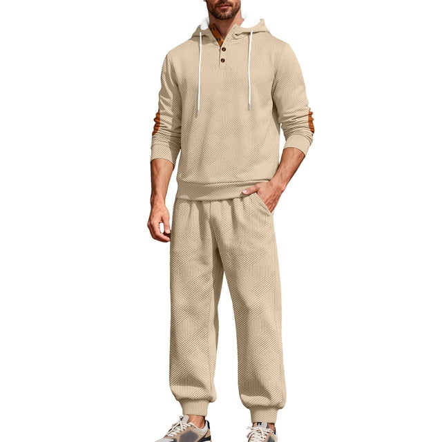 Men's Casual Tracksuit Set with Hooded Top, Long Sleeves, Button Front, Drawstring Waistand Elastic Bottom