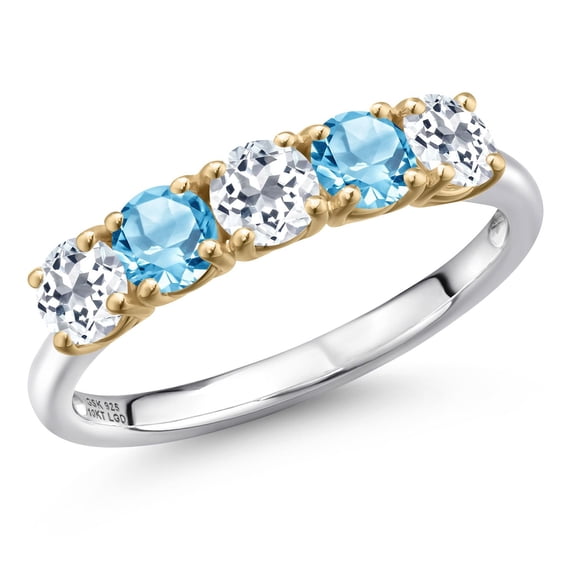 Gem Stone King 925 Silver and 10K Yellow Gold White Topaz and Swiss Blue Topaz Wedding-Bands Ring for Women | 1.70 Cttw | Round 4MM | Gemstone November Birthstone | Size 6
