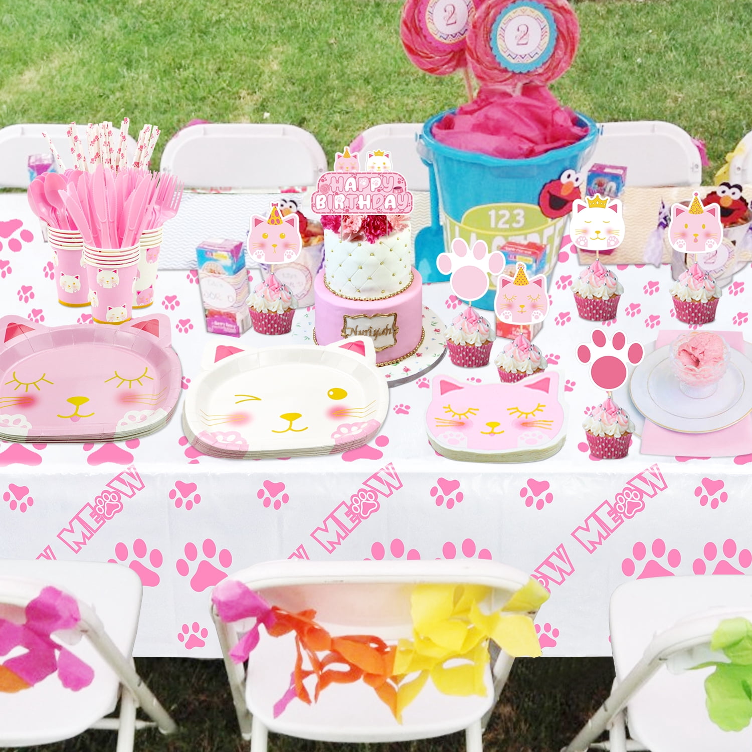 218 PCS Cat Birthday Party Supplies - Cat Balloons, Birthday Banner, MEOW Garland, DIY Hanging Sign, Cake Topper, Plates, Napkins, Cups and Tablecloth for Cat Birthday Decorations, Serve 20 Guests