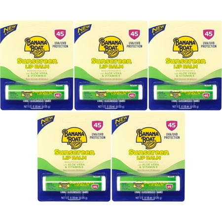 5 Pk Banana Boat Aloe Vera with Vitamin E Sunscreen Lip Balm, SPF 45 - .15oz Ea