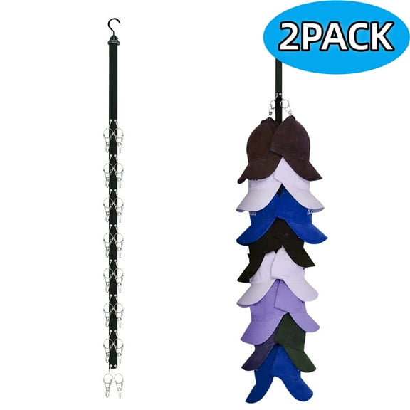 Hat Organizer for Baseball Caps, 2 Pack Hanging Hat Rack with 16 Stainless-Steel Clips, 360° Rotating Hanger for Closet