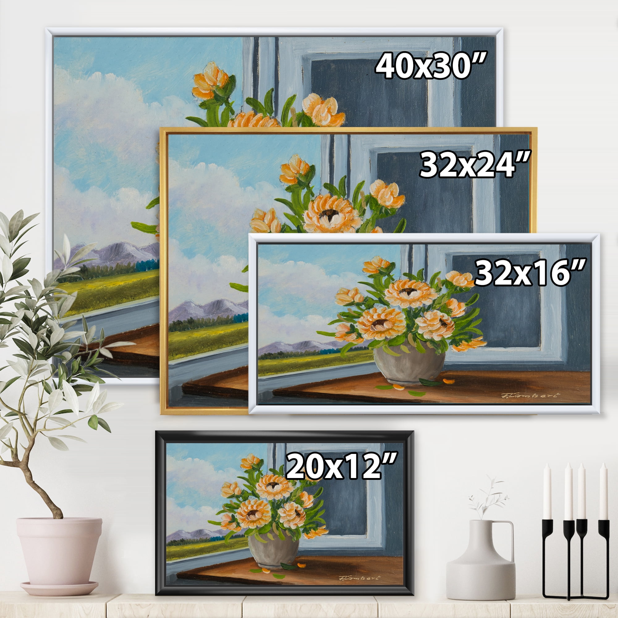 Designart 'Still Life With Orange Flowers In Vase At The Window' Traditional Framed Canvas Wall Art Print