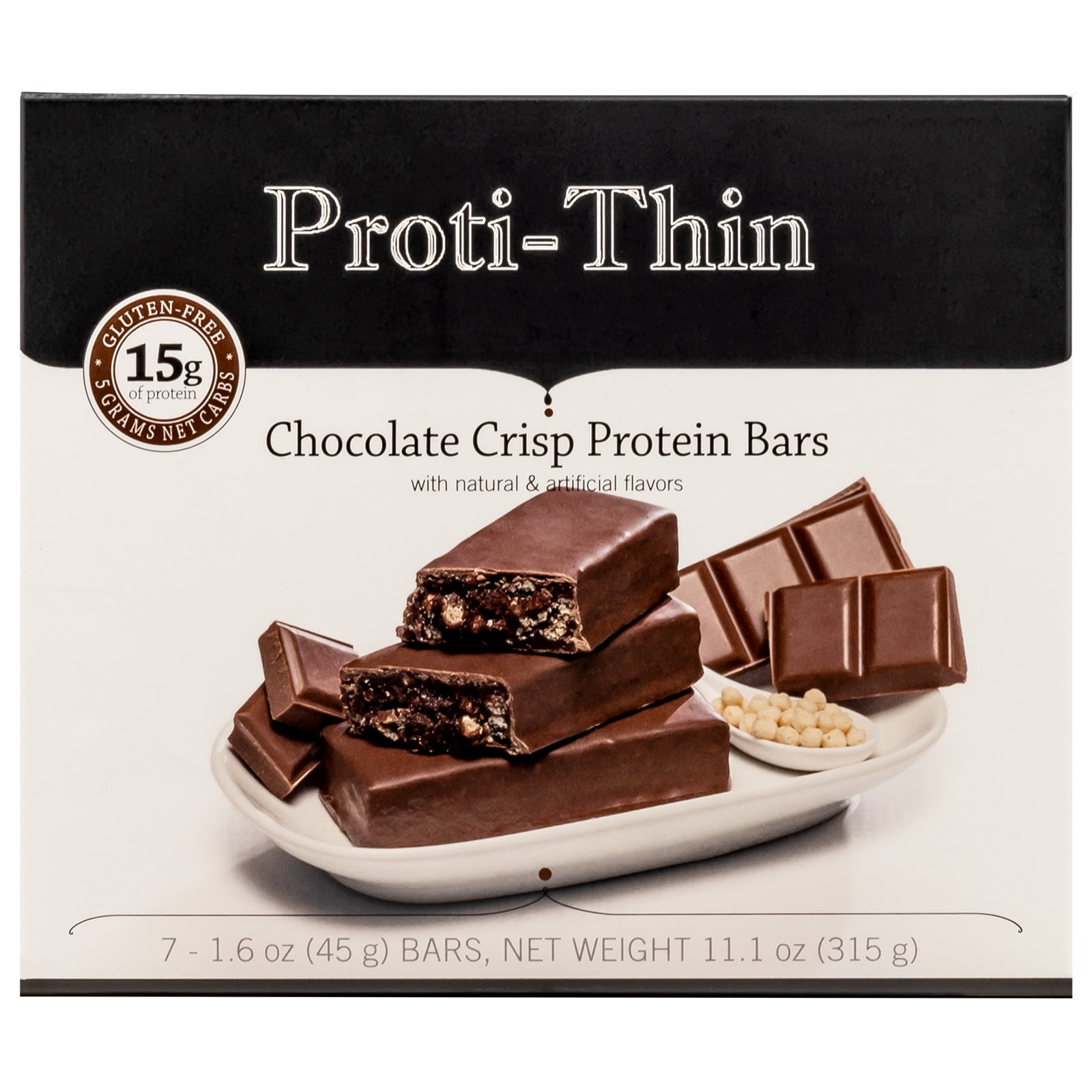 Proti-Thin Chocolate Crisp Protein Bar, 15g Protein, Very Low Carb, Low Fat,  High Fiber, Gluten Free (7/Box) - Walmart.com