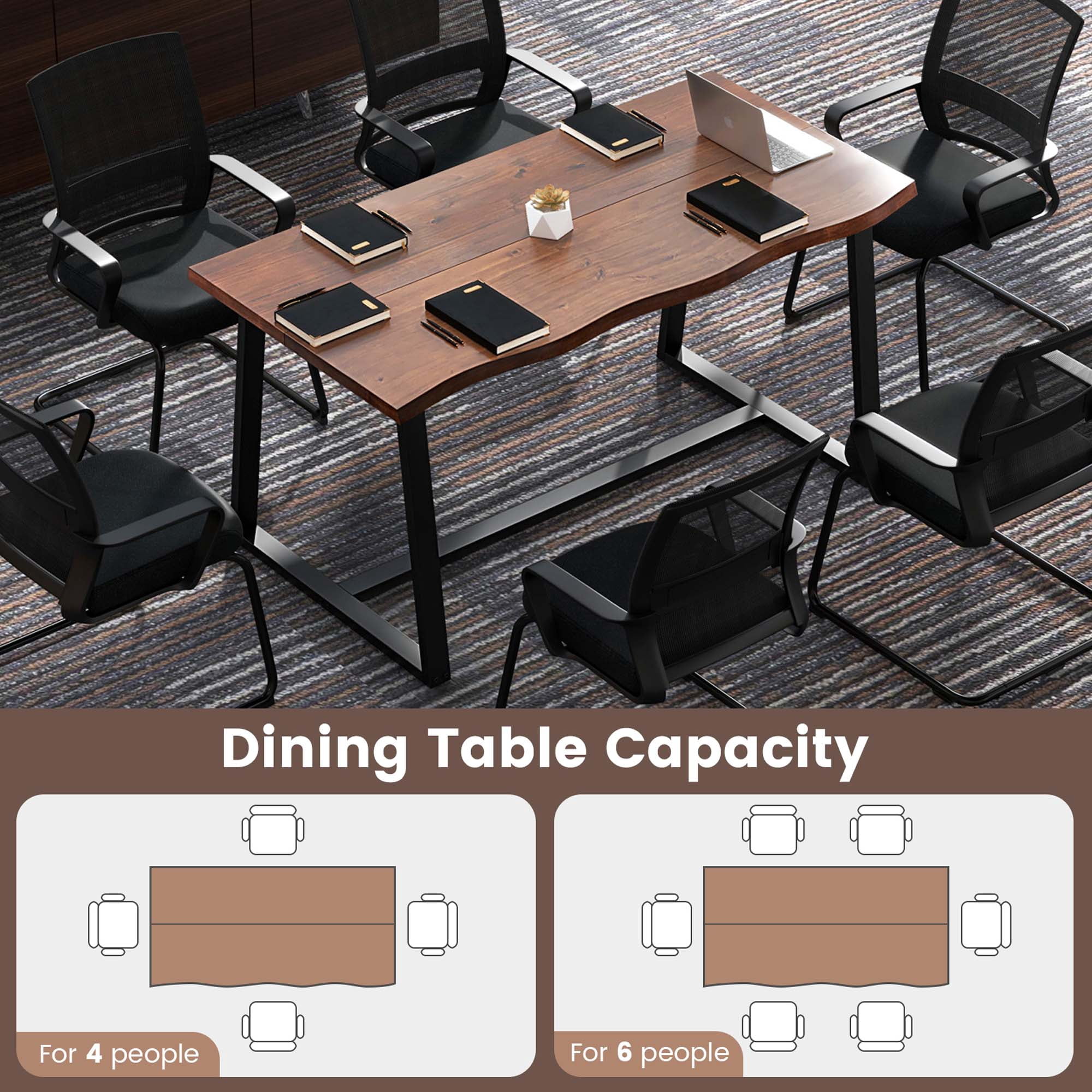 Costway 63" Large Dining Table for 4-6 People with Wavy Edge Heavy-duty Metal Frame Coffee
