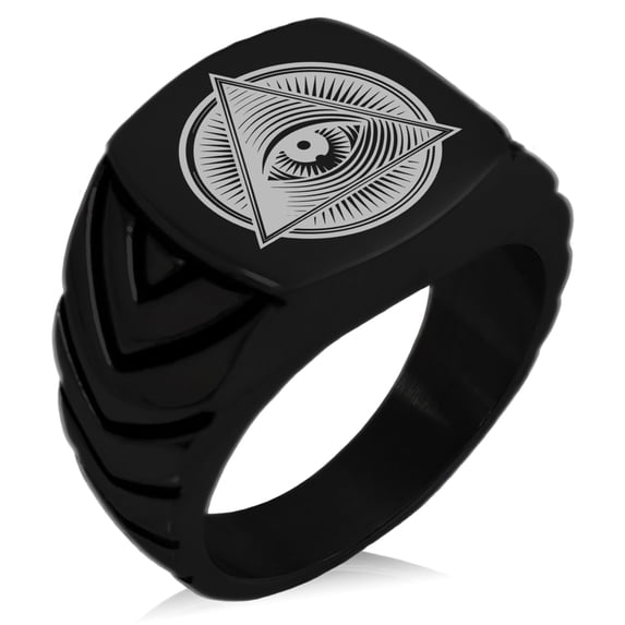 Stainless Steel All Seeing Eye Emblem Chevron Pattern Biker Style Polished Ring