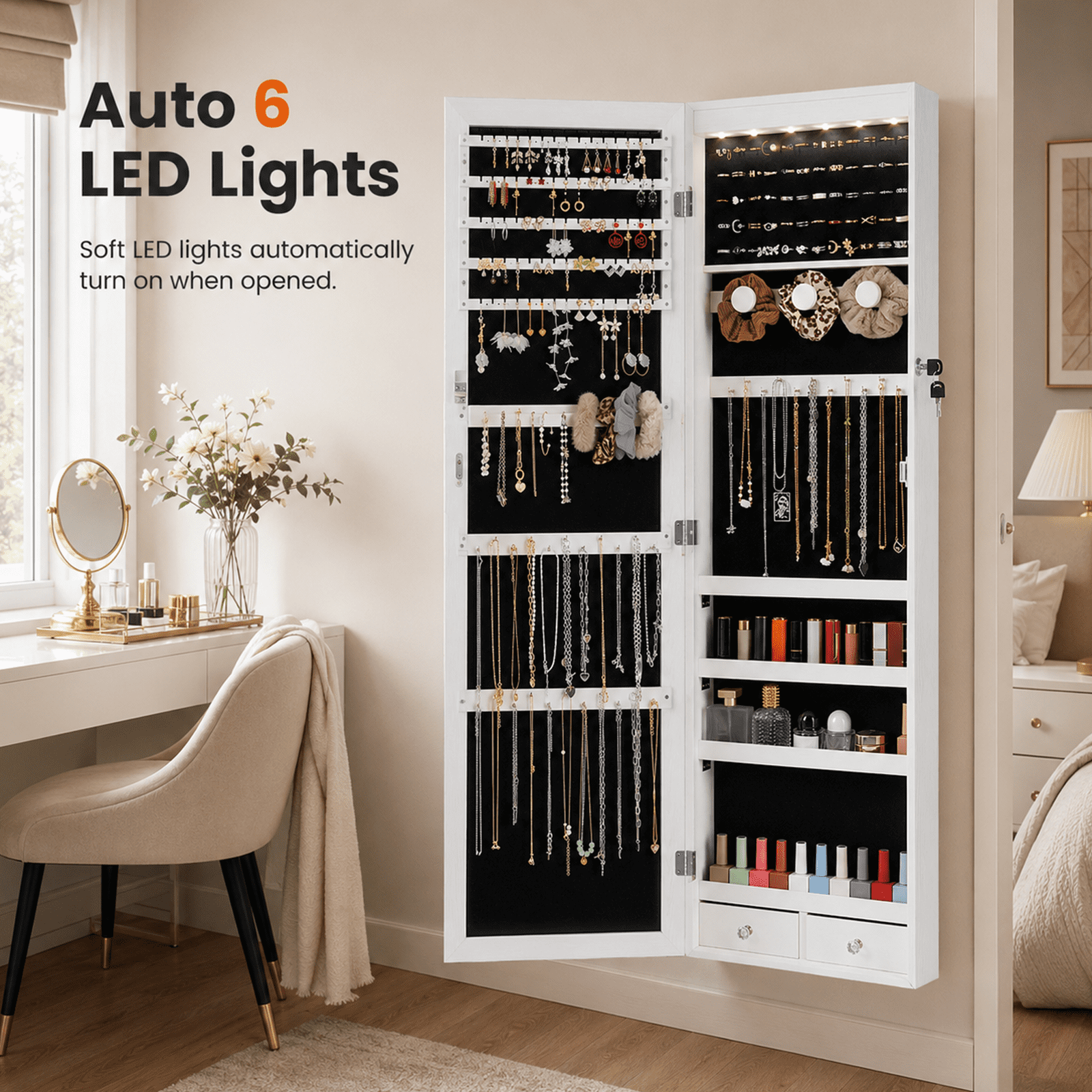 Alvantor Wall/Door Mount LED Mirror Jewelry Organizers and Storage, Lockable Makeup Storage Cabinet, White