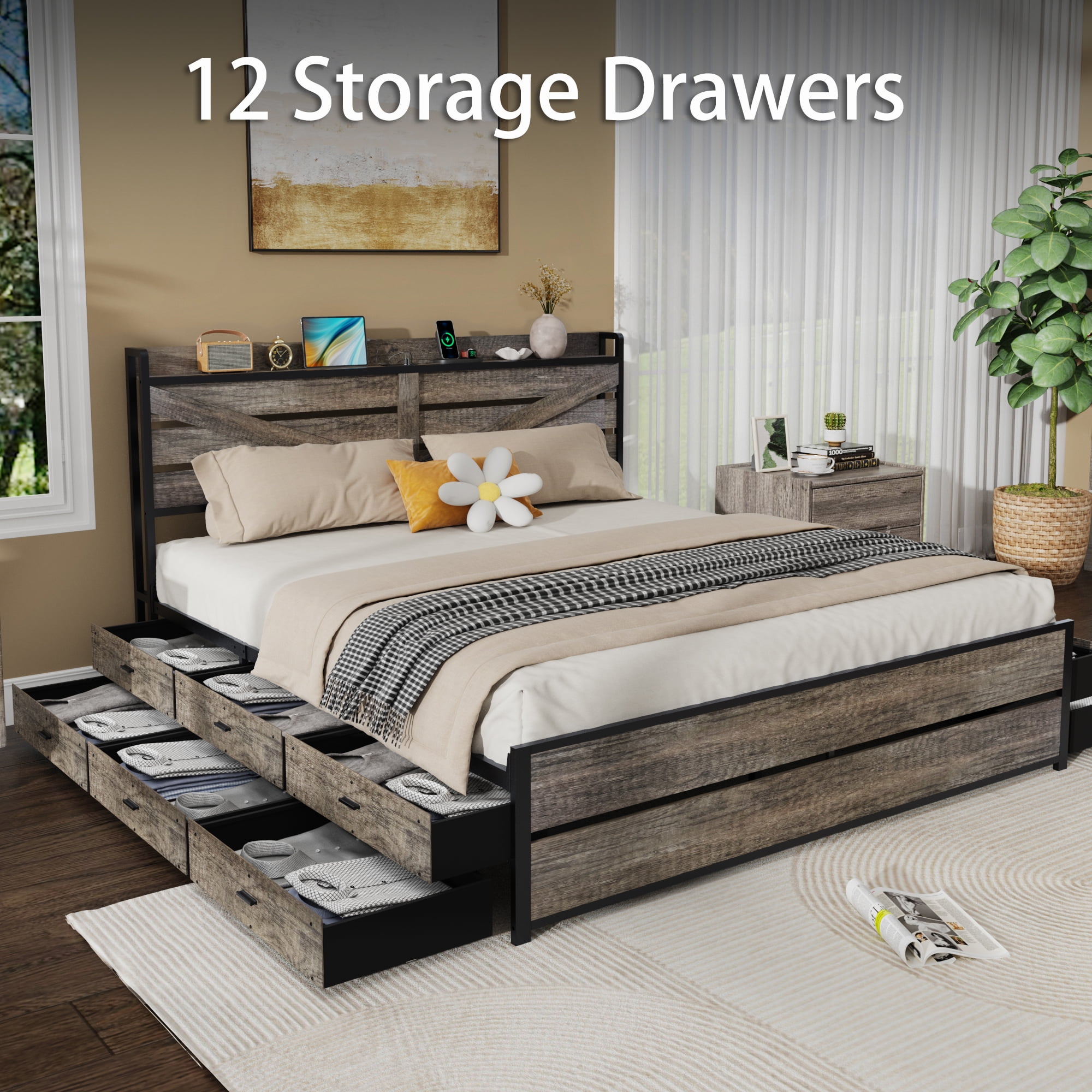 Yoneston King Bed Frame with Charging Storage Headboard and 12 Drawers, Farmhouse Metal Platform Bed No Box Spring Required, Brown