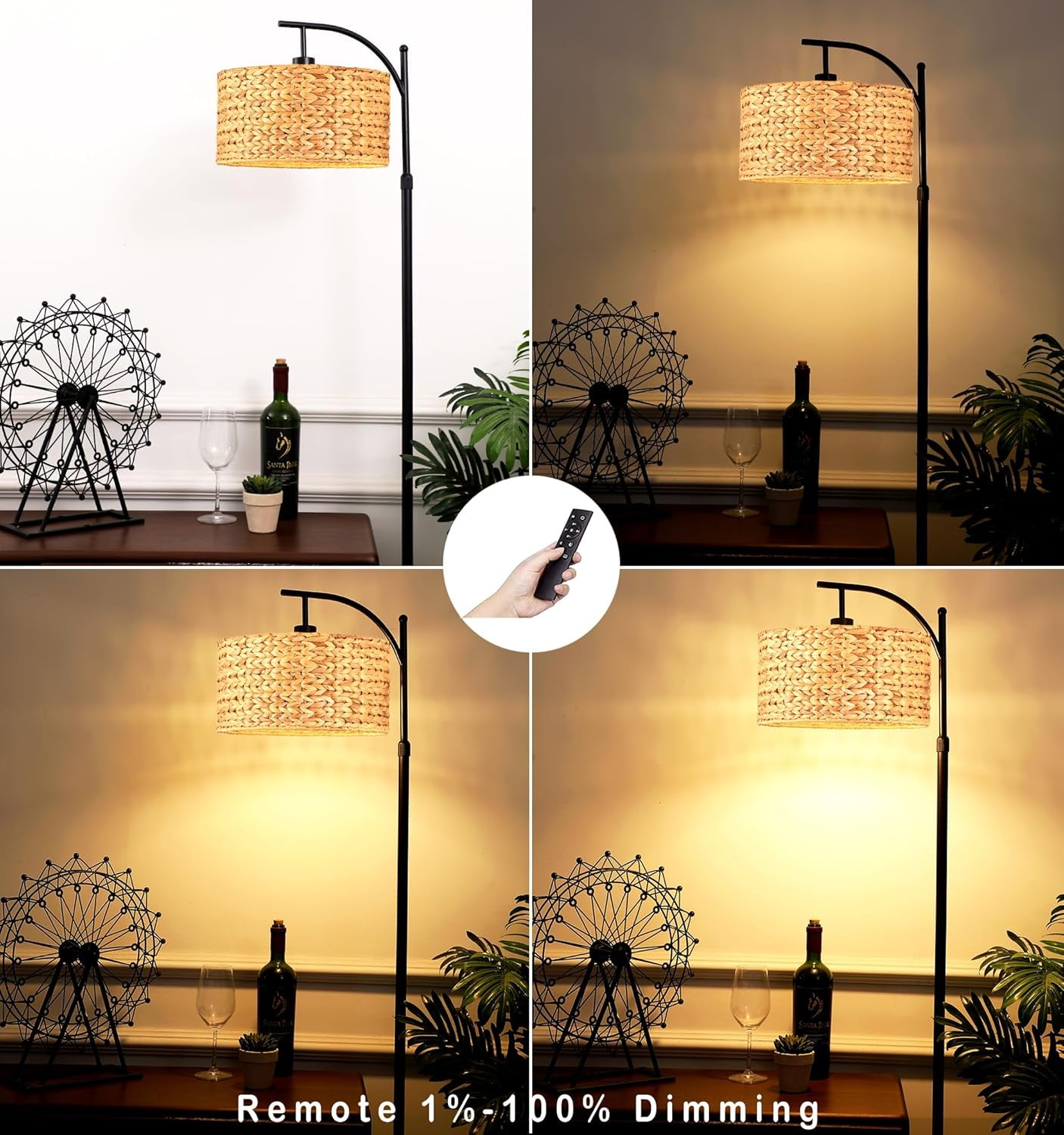Arc Floor Lamp For Living Room With Remote, Boho Standing Lamp Rustic