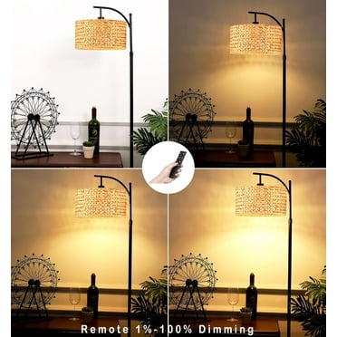 Floor Lamp for Living Room Bedroom Farmhouse Arc Rattan Boho Standing Lamp with Remote Dimmable Black Wicker Bamboo Lamp Shade Floor Light Adjustable Tall Lamp Industrial Floor Lamps Bohemian