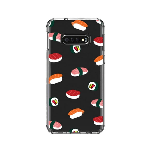 DistinctInk Clear Shockproof Hybrid Case for Samsung Galaxy S10e (5.8" Screen) - TPU Bumper, Acrylic Back, Tempered Glass Screen Protector - Cartoon Sushi