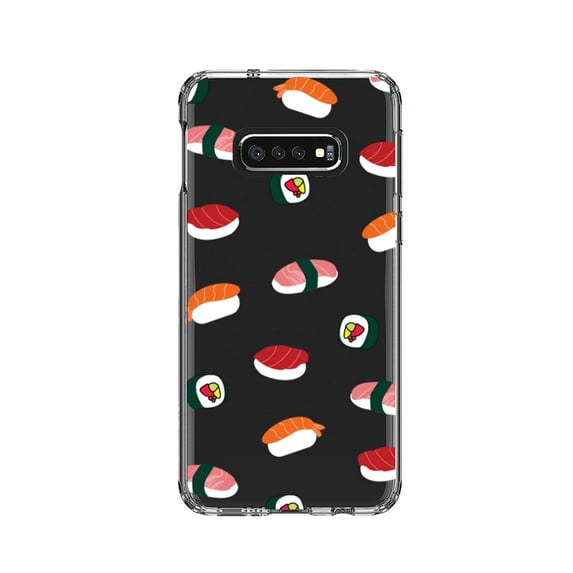 DistinctInk Clear Shockproof Hybrid Case for Samsung Galaxy S10e (5.8" Screen) - TPU Bumper, Acrylic Back, Tempered Glass Screen Protector - Cartoon Sushi