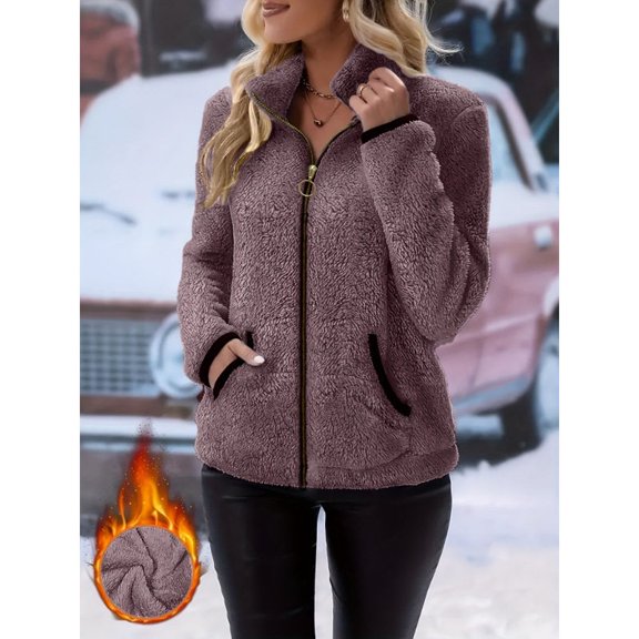 Women's Plush Full-Zip Fleece Jacket, Thick Lapel Collar Coat with Contrast Trim and Kangaroo Pockets