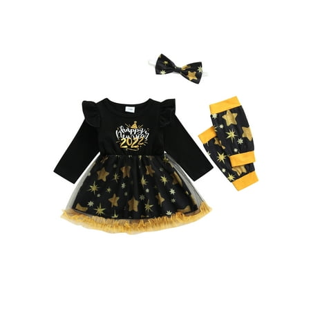 

Kiapeise Baby Girl First New Year Tutu Dress Outfit My 1st New Year Romper + Leg Warmers + Headband+ Black Tutu Dress for Toddler