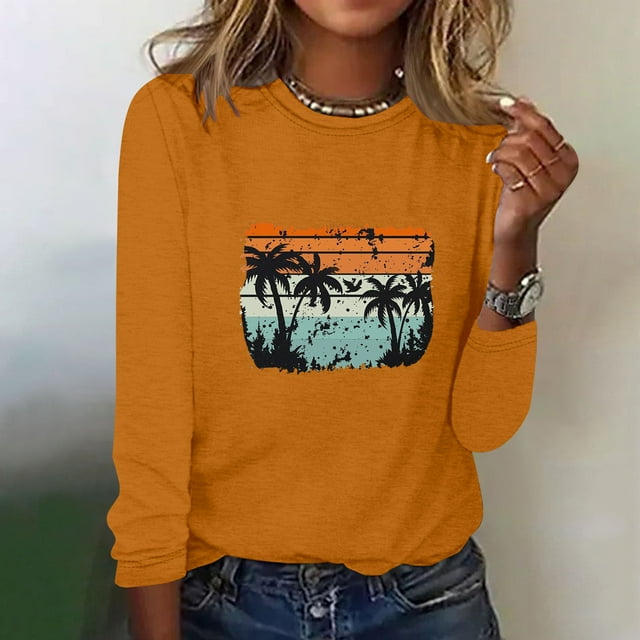 EQWLJWE Chemisiers à Manches Longues pour Femmes Grande Taille Mode T-Shirts Décontractés à Manches Longues Imprimés de Printemps à Col Rond Hauts Vêtements d'Automne pour Femmes