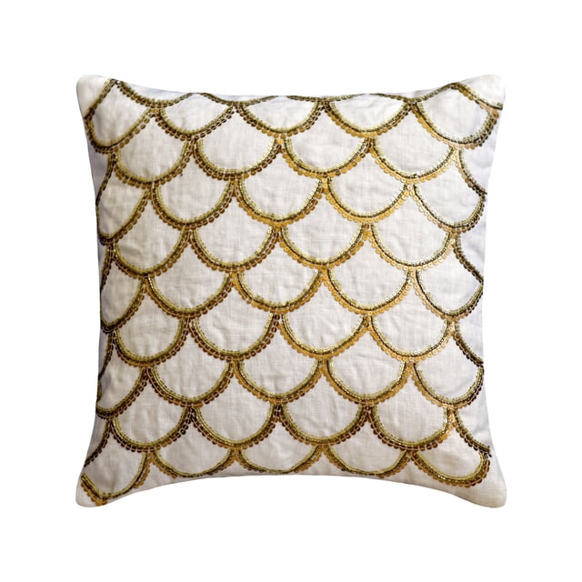 Pillow Cover, Ivory & Gold 18"x18" (45x45 cm) Pillow Covers, Linen Sequins Embroidery Throw Pillows For Sofa, Geometric Pattern Contemporary Style - Gold Accord