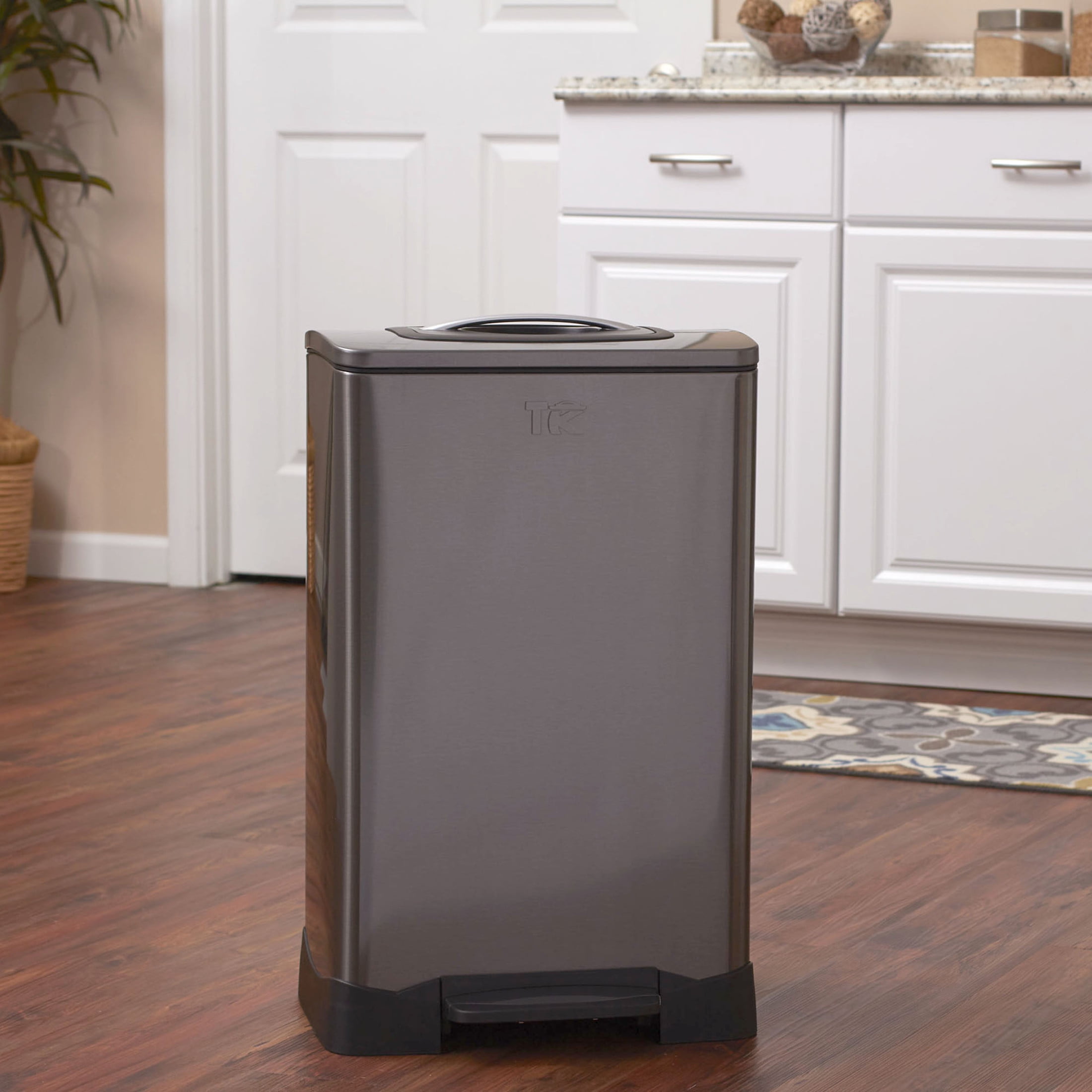 Household Essentials Trash Compactor Trash Can, 50 Liter / 13 Gallon, Manual Compactor with Foot Pedal, Black Stainless Steel, Excellent for Large Kitchens