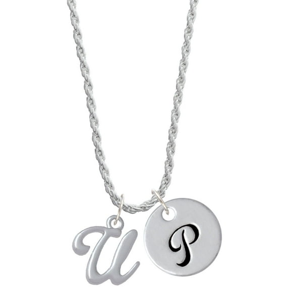Delight Jewelry Silvertone Small Gelato Script Initial - U - Silvertone Script Initial Disc - P - Charm Necklace, 20"+3"