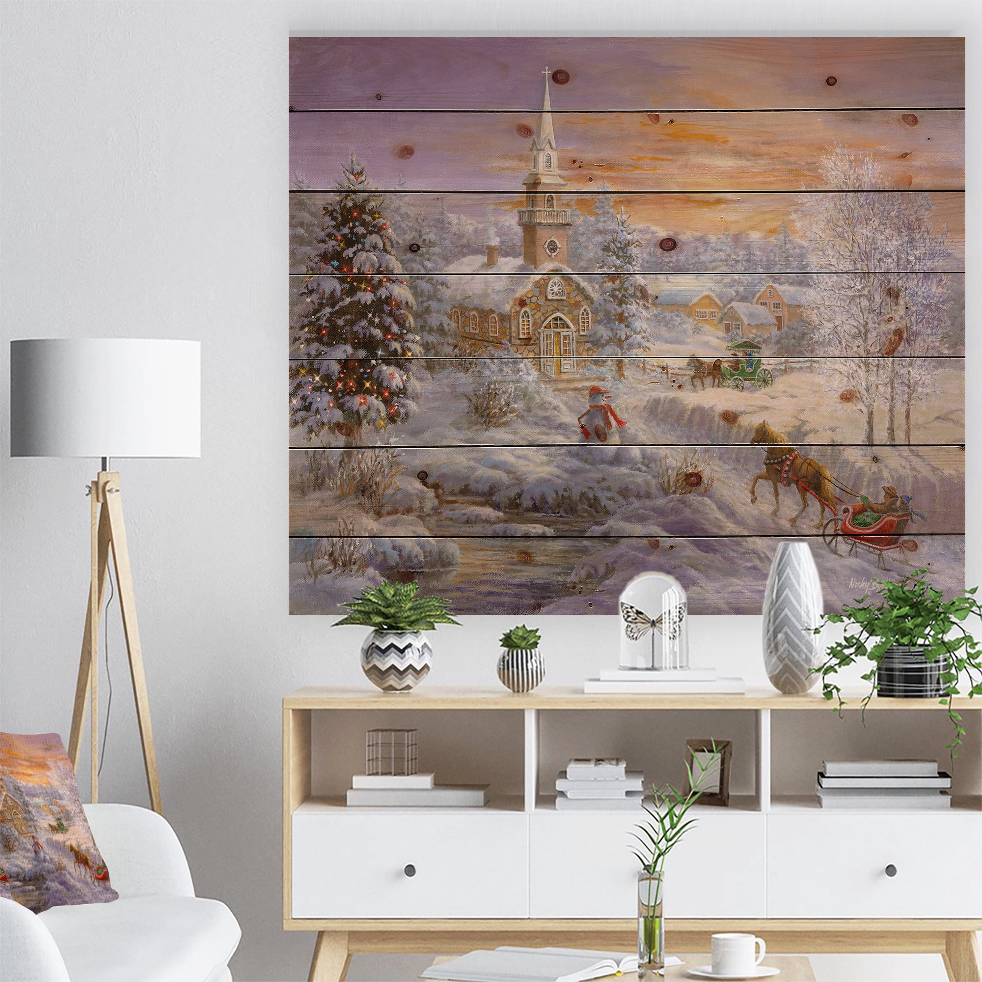 Designart 'Holiday Worship winter scene with sleigh and church' Print on Natural Pine Wood