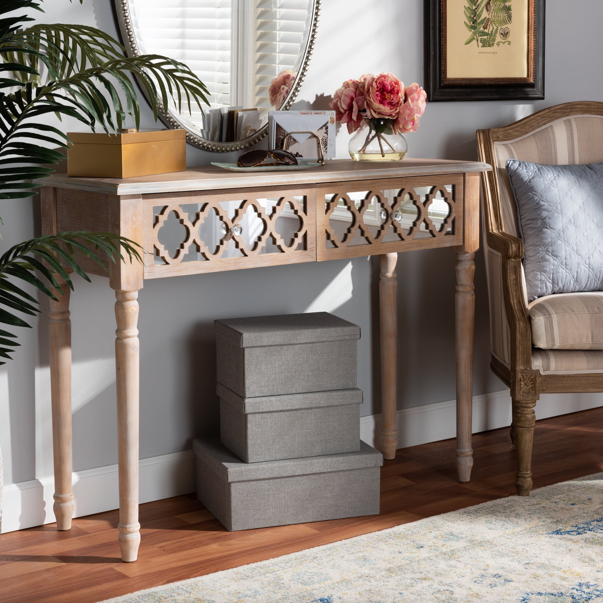 Baxton Studio Celia WhiteWashed Wood Mirror 2Drawer Quatrefoil