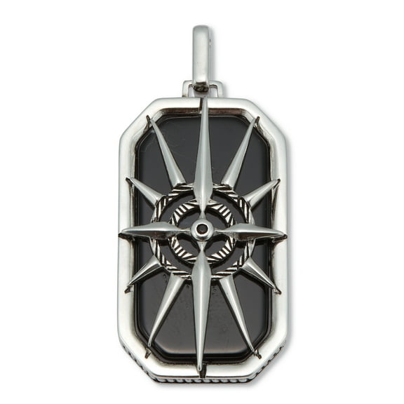 Men's Natural Black Onyx Antiqued Stainless Steel Dog Tag Pendant