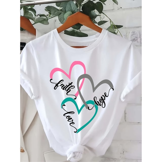 Camiseta de talla grande para mujeres con letras de fe, amor y esperanza, top casual de cuello redondo y manga corta, tejido de poliéster con un ligero estiramiento, ajuste cómodo para todas las estac