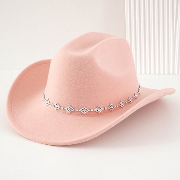 Qicasul Rhinestone Cowboy Hat for Women Men Bohemian Western Cap with Curved Brim, Adjustable Fit for Party, Wedding, Travel & Outdoor Light Pink