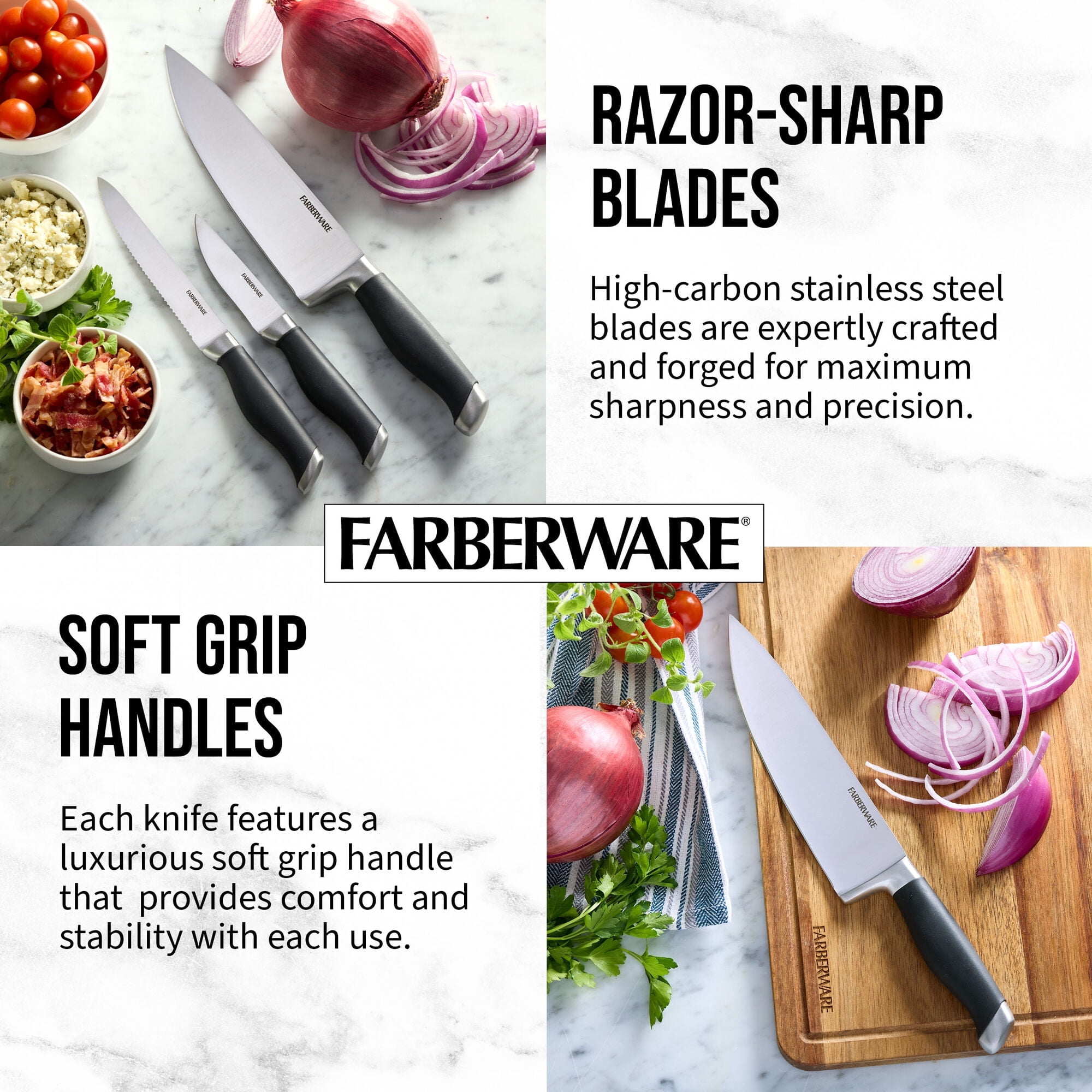 Farberware 13-Pc Forged Soft Grip Acacia Slim Knife Block Set, Edgekeeper Pro Knife Sharpener, Black