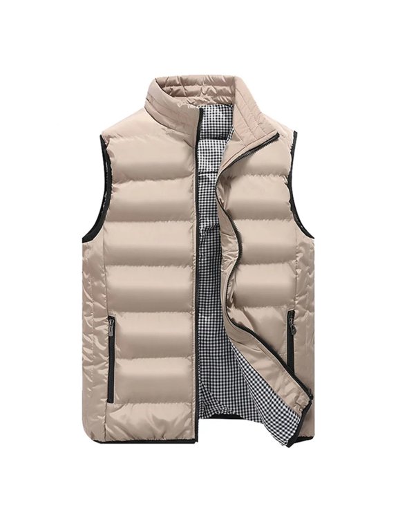 High Quality Coats Vest Jacket Men's Fall and Winter Casual Comfortable Sleeveless Solid Color Thickened Cotton Jacket (Beige,Asian size M)