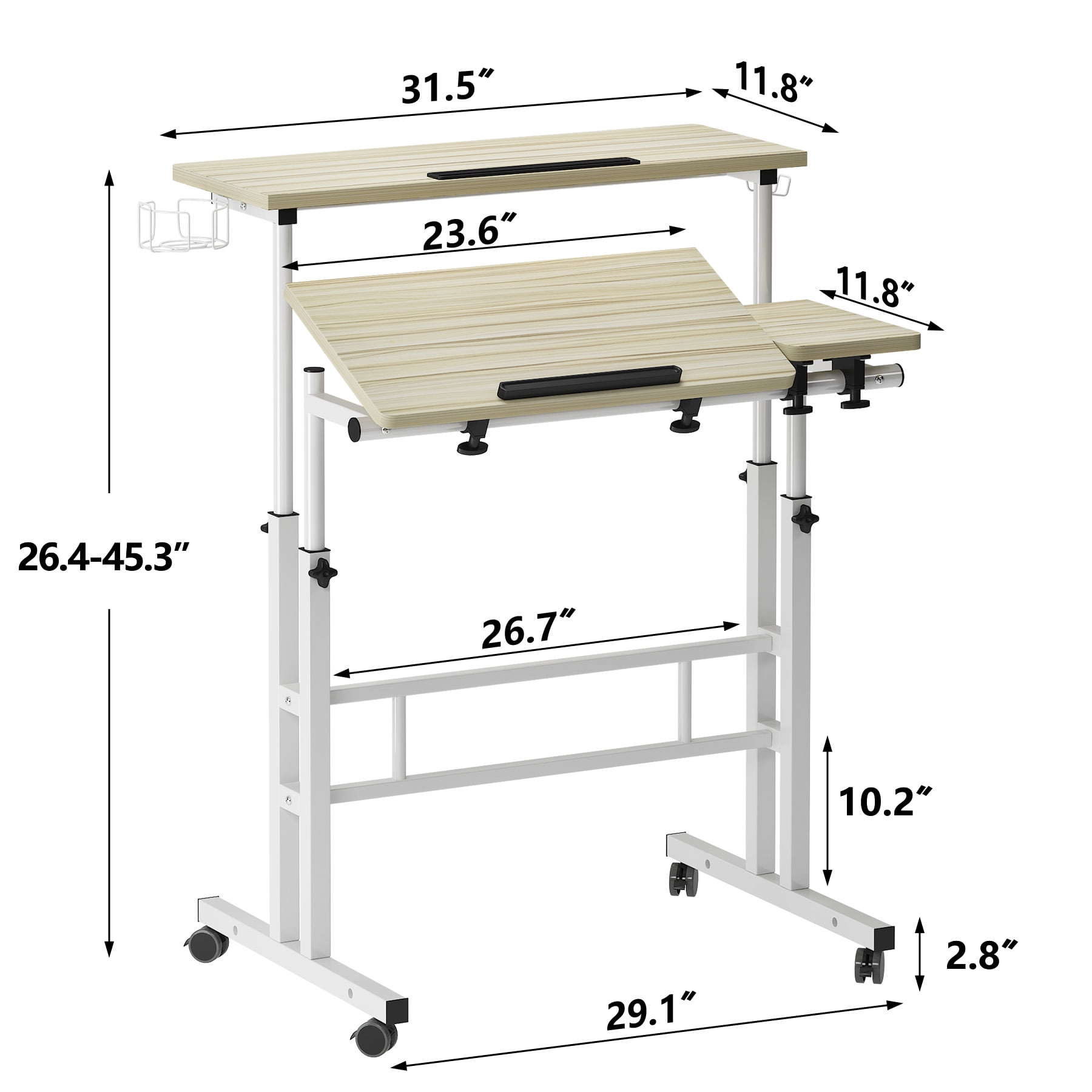 Soges Mobile Standing Desk with Cup Holder and Hooks, Portable Stand Up Desk, Adjustable Height Small Standing Desk, Rolling Desk with Wheels, Home Office Laptop Cart, Maple