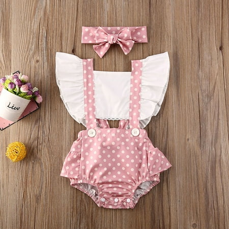 

Puloru 2 Pcs Baby Girl Jumpsuit Sets Ruffle Polka Dot Romper + Headband Suits