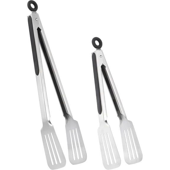 Metal Tongs for Cooking, Set of 2 Stainless Steel Spatula Tongs for Cooking and Grilling, Strong Grip for Meat, Steak and Fish, Comfortable Handle, Easy Pull Lock, 9 inch & 12
