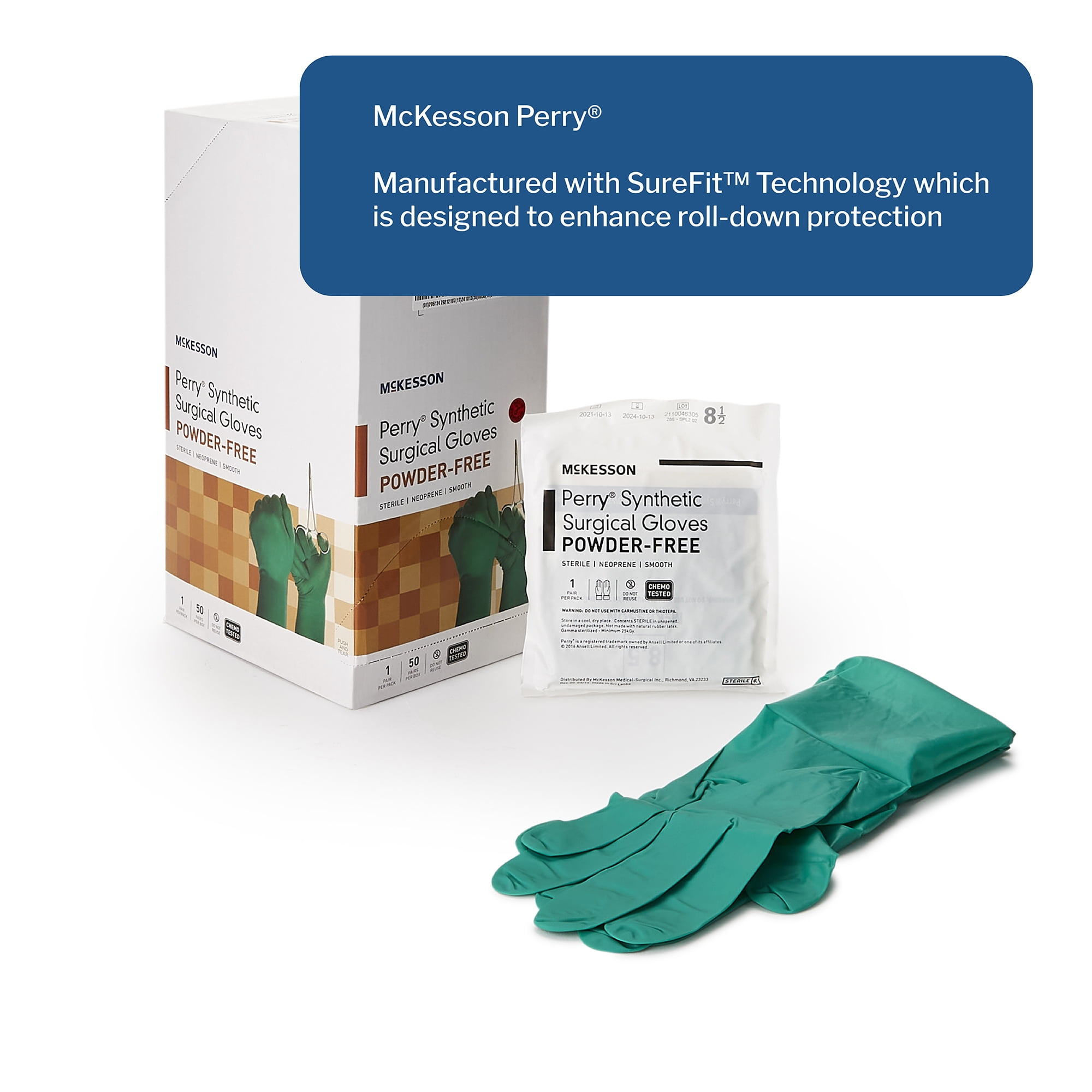 McKesson Perry Synthetic Neoprene Surgical Gloves, Sterile - Green, Size 8.5, 50 Count, 1 Box
