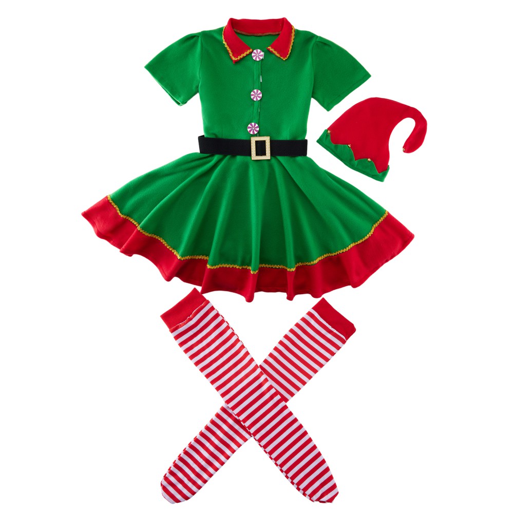 Family Matching Baby Chidren Adult Female Christmas Elf Costume - 4 Piece Set Includes Dress + Hat + Belt + Socks Xmas Cosplay Suit - image 4 of 6