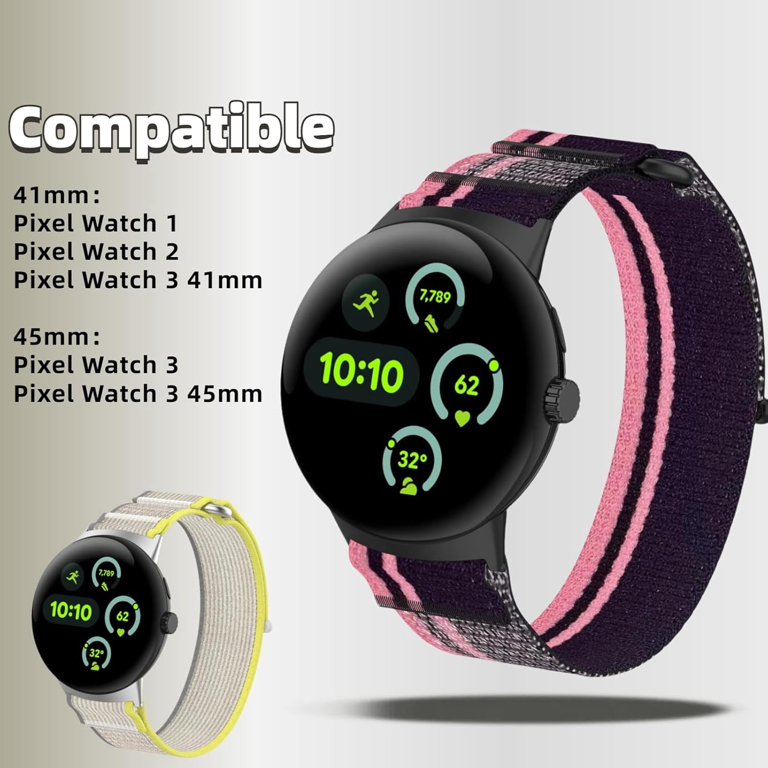 CRKMGS-2 Pcs Compatible with Google Pixel Watch 3 41mm 45mm Nylon Watch Band, Breathable Sport Strap for Google Pixel 3/2/1 Adjustable Smartwatch Bands Men Women