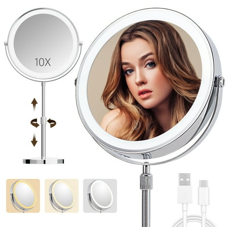 BALUXCA 9"Large Lighted Makeup Mirror,3000 mAh Rechargeable,1x/10x Magnifying LED Vanity Mirror,3 Color, 360° Rotation Double Sided,Height Adjustable