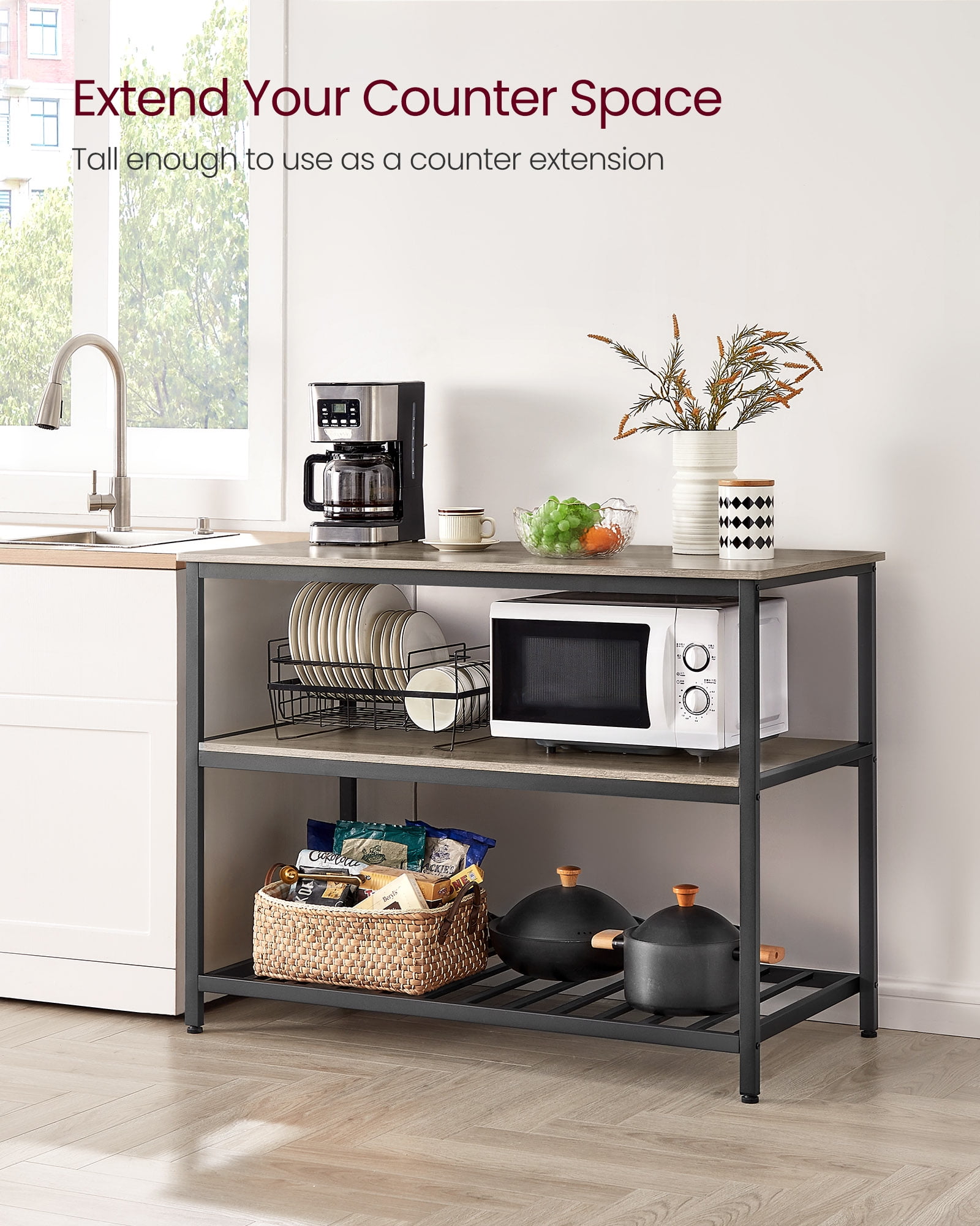Kitchen Island with 3 Shelves, Island Table, 47.2 Inches Width Kitchen Shelf with Large Worktop, Stable Steel Structure, Industrial