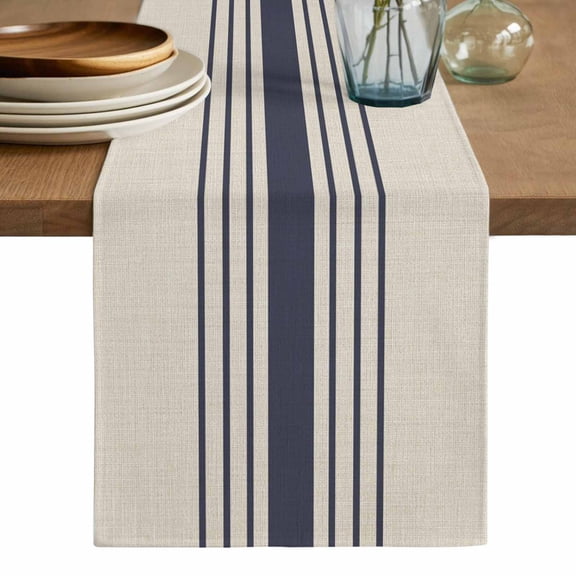 Midnight Blue Striped Table Runner, Beige Geometric Modern Art Washable Cotton Linen Table Runners 48 Inches Long, Dresser Scarf Runner for Nightstand/Coffee/End Tables 13''x48''