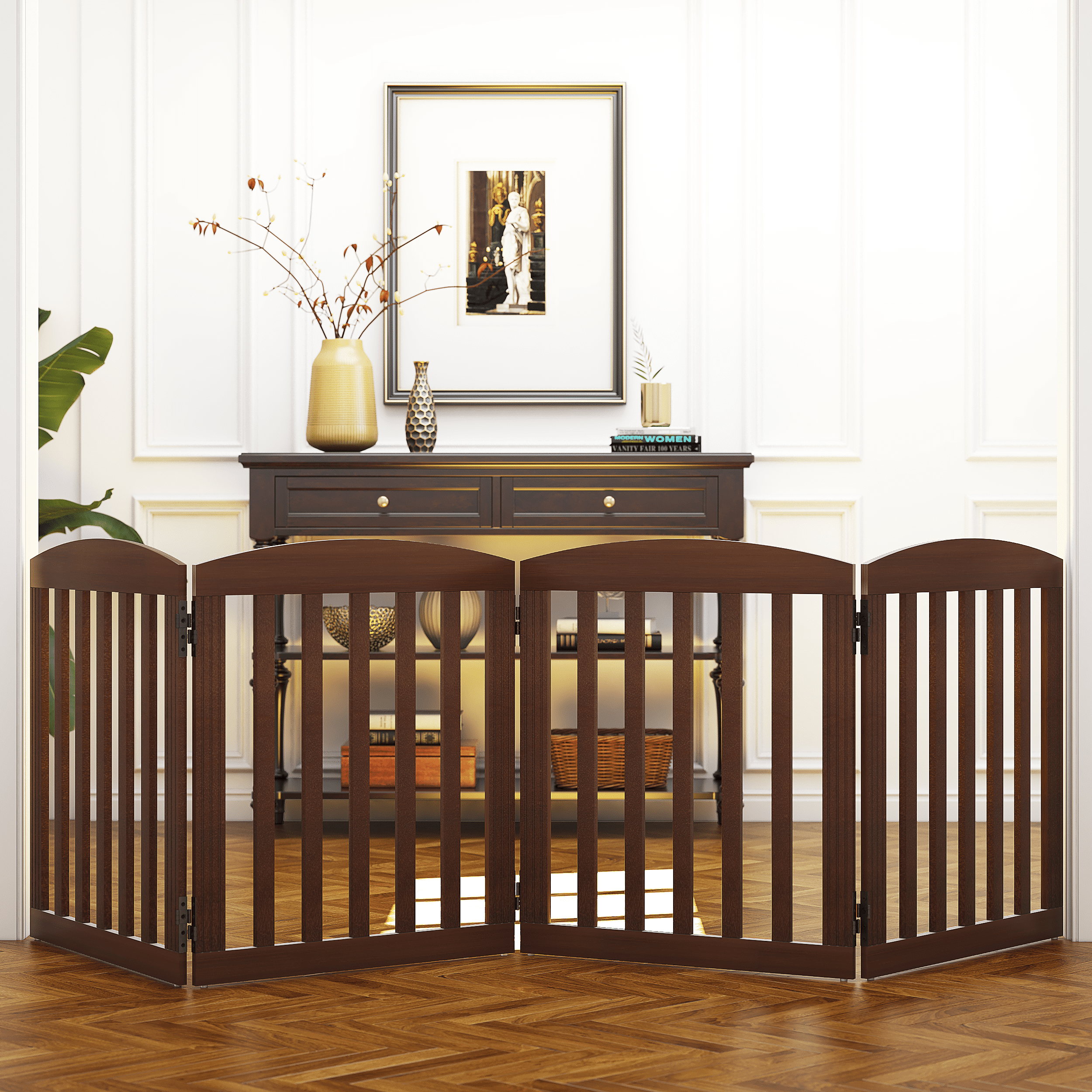 STAROUS 96" Extra Wide 28" Tall Foldable Dog Gates, Wooden Freestanding Pet Gate Indoor, Step Over Puppy Fence, 4 Panels, Brown