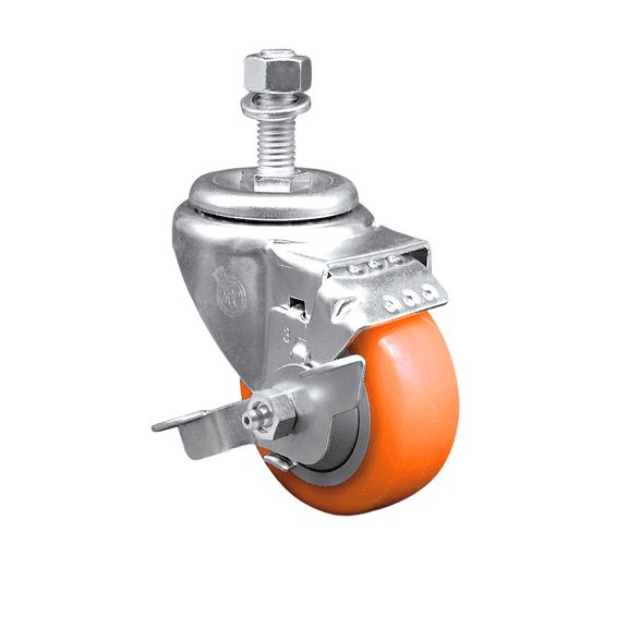 3 Inch 316SS Orange Polyurethane Swivel 12mm Threaded Stem Caster with Brake
